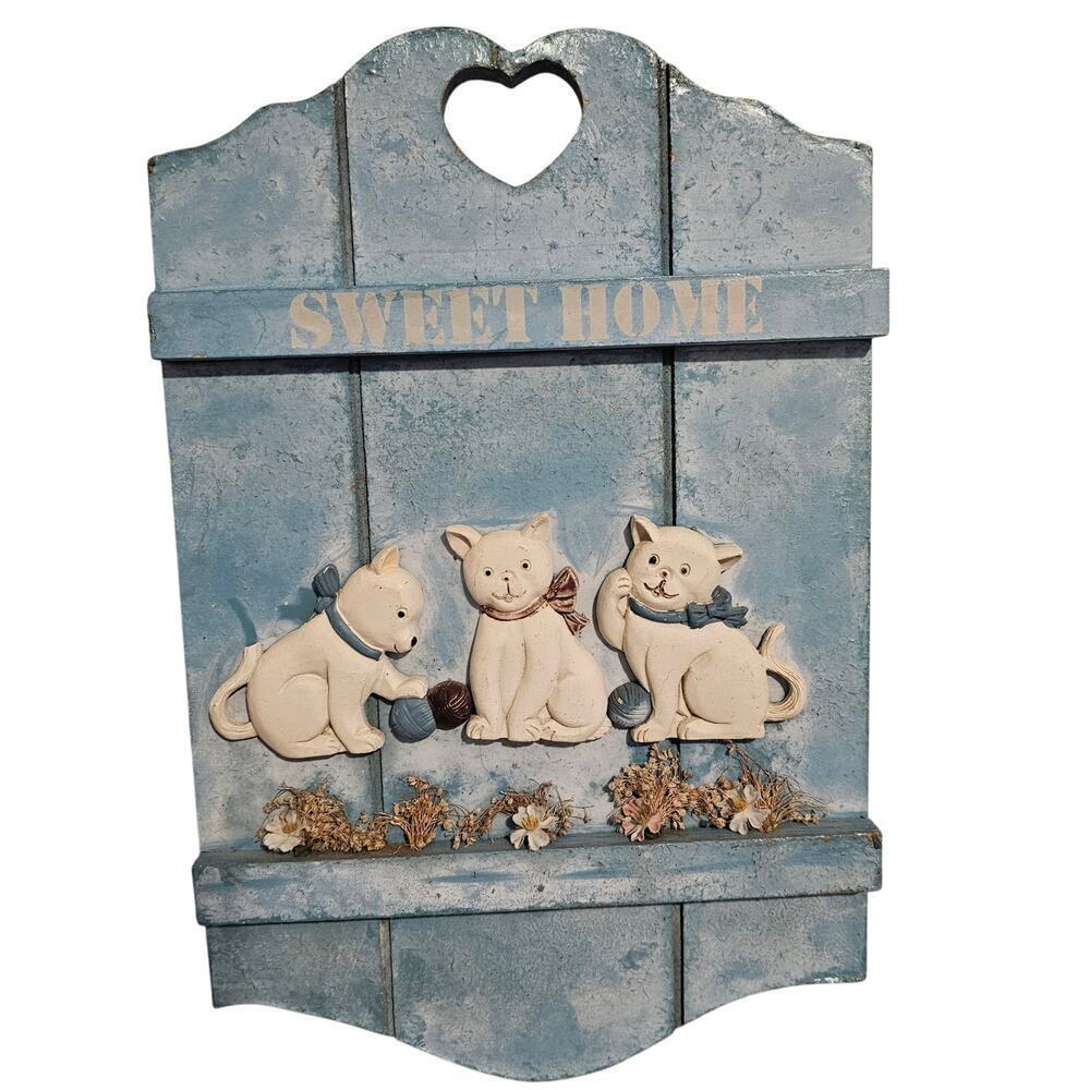 Vintage Cats Wood Panel Picture 13" Sweet Home Kittens Rustic Flowers Cottage